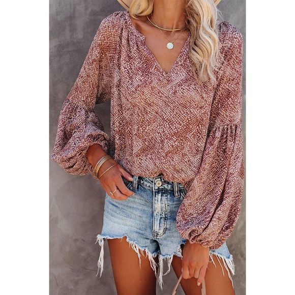 Azura Exchange  Red Pleated Lantern Sleeve Abstract Print Blouse - Picture 5 of 5